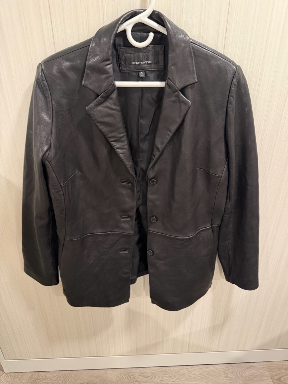 Jones New York Black Leather Pea Coat with Tailored Lapel